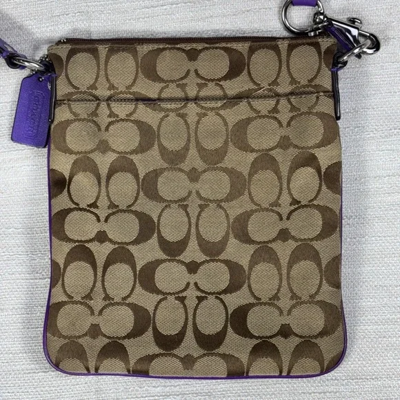 Coach Signature Monogram Canvas Purple Leather Trim Crossbody Bag - Picture 10 of 16